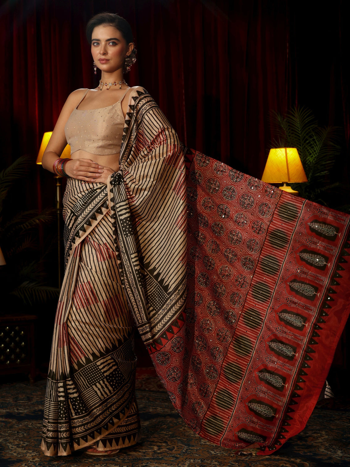 Mameraa Red Striped Satin Saree with Ajrakh Pallu