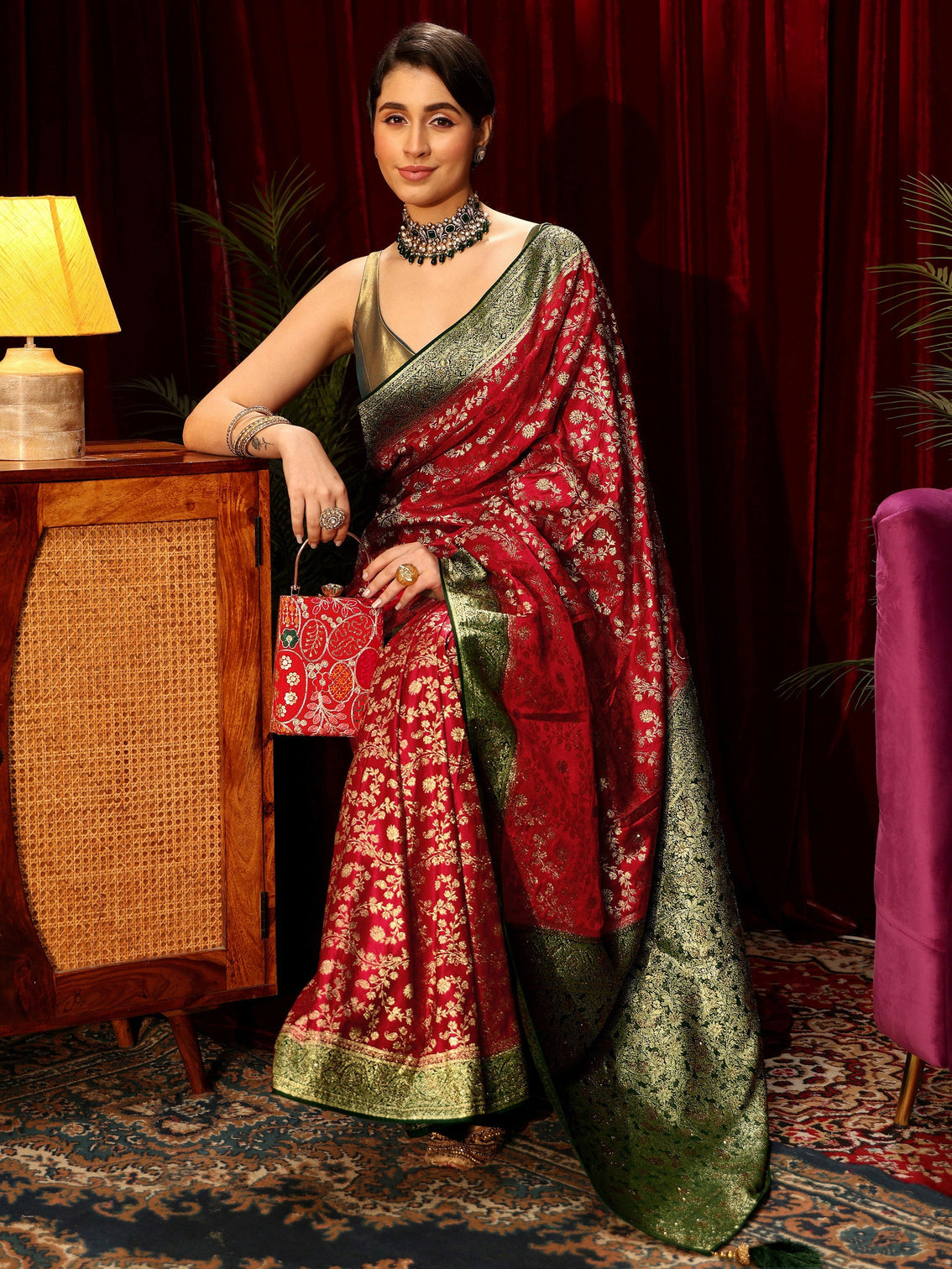 Mameraa Red Woven Design Stone Embellished Satin Saree