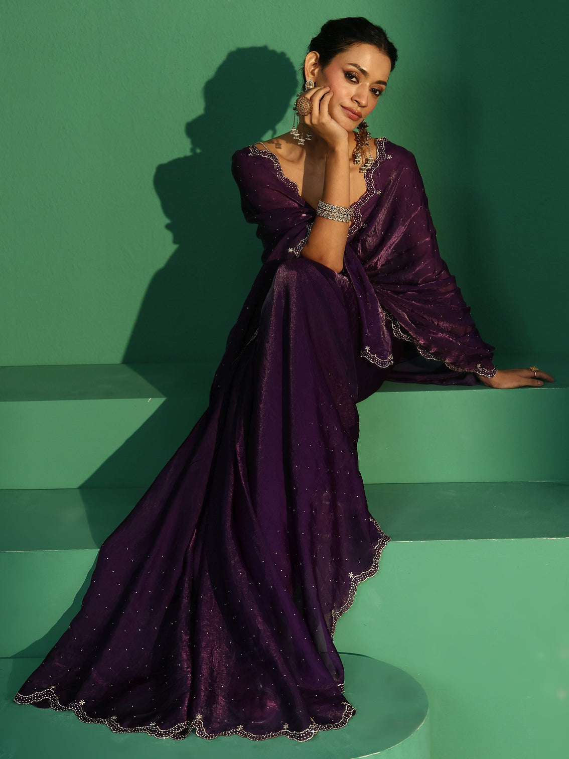 Mameraa Regal Purple Embellished Tissue Saree