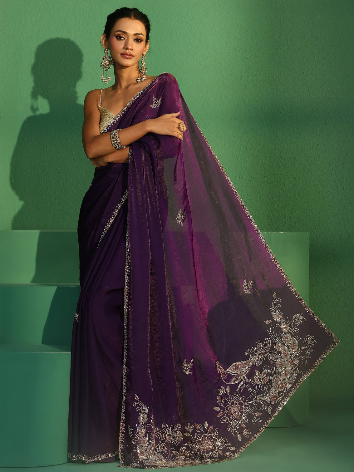 Mameraa Regal Purple Tissue Saree with Embellished Pallu