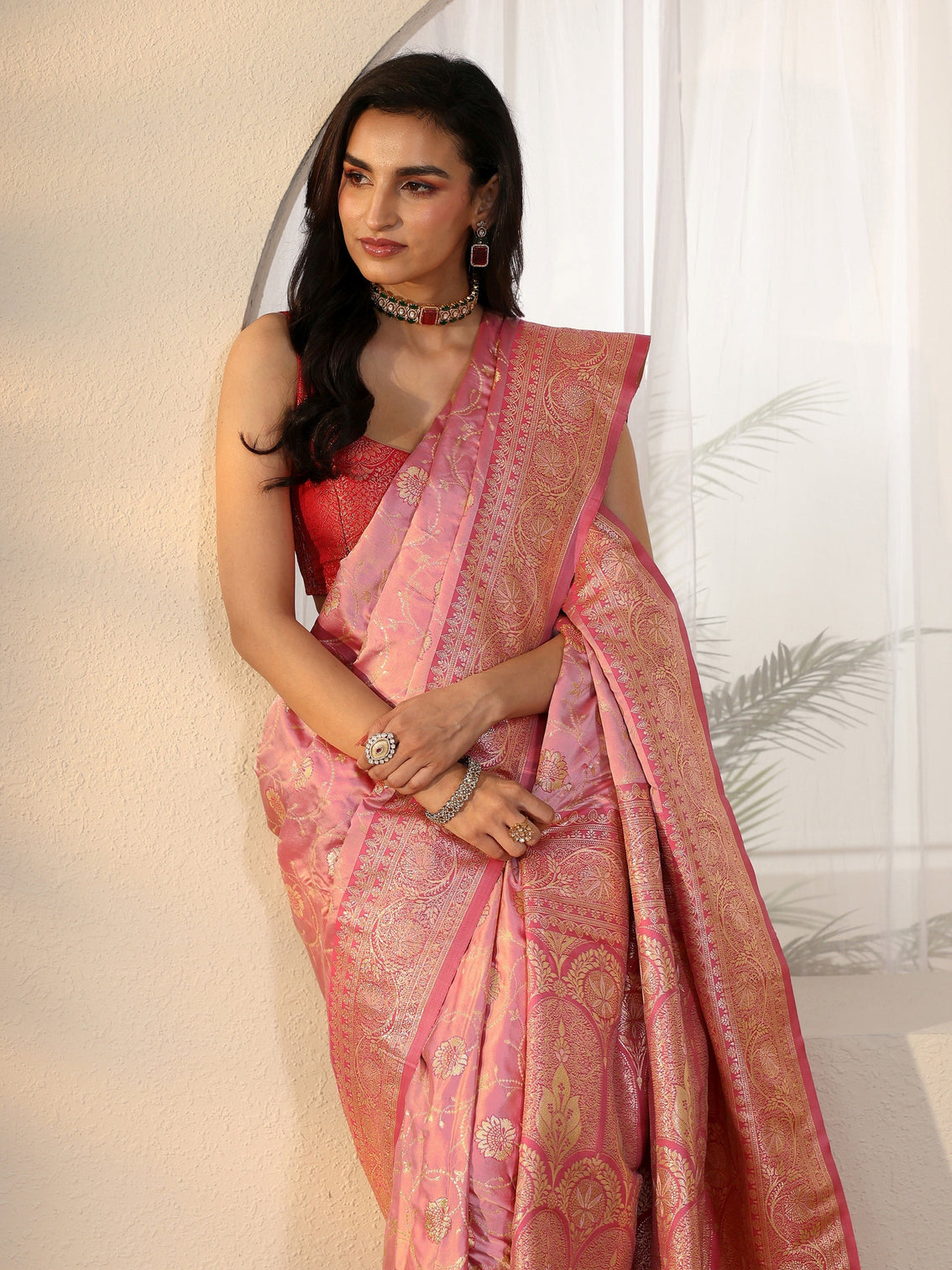 Mameraa Rose Pink Banarasi Satin Saree