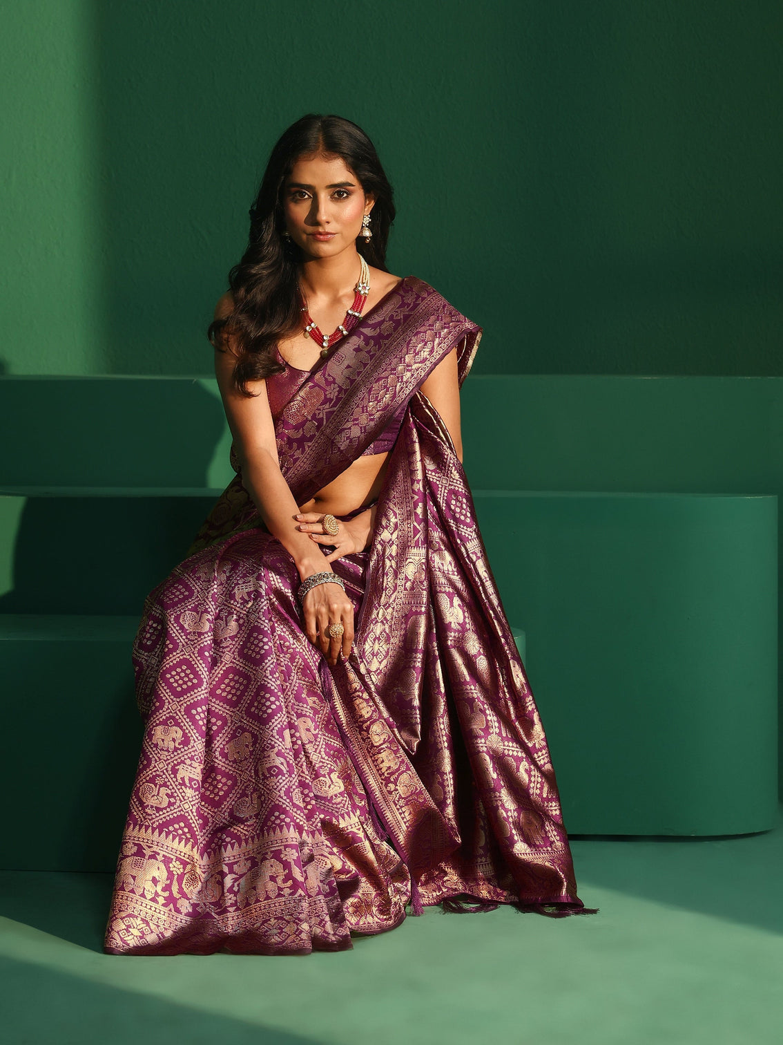 Mameraa Rose Pink Brocade Saree with Elephant Motifs