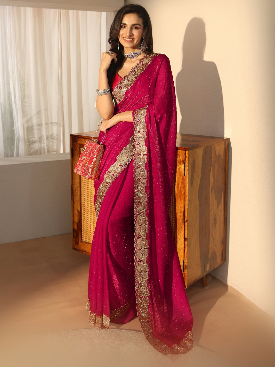 Mameraa Rose Pink Embellished Tissue saree