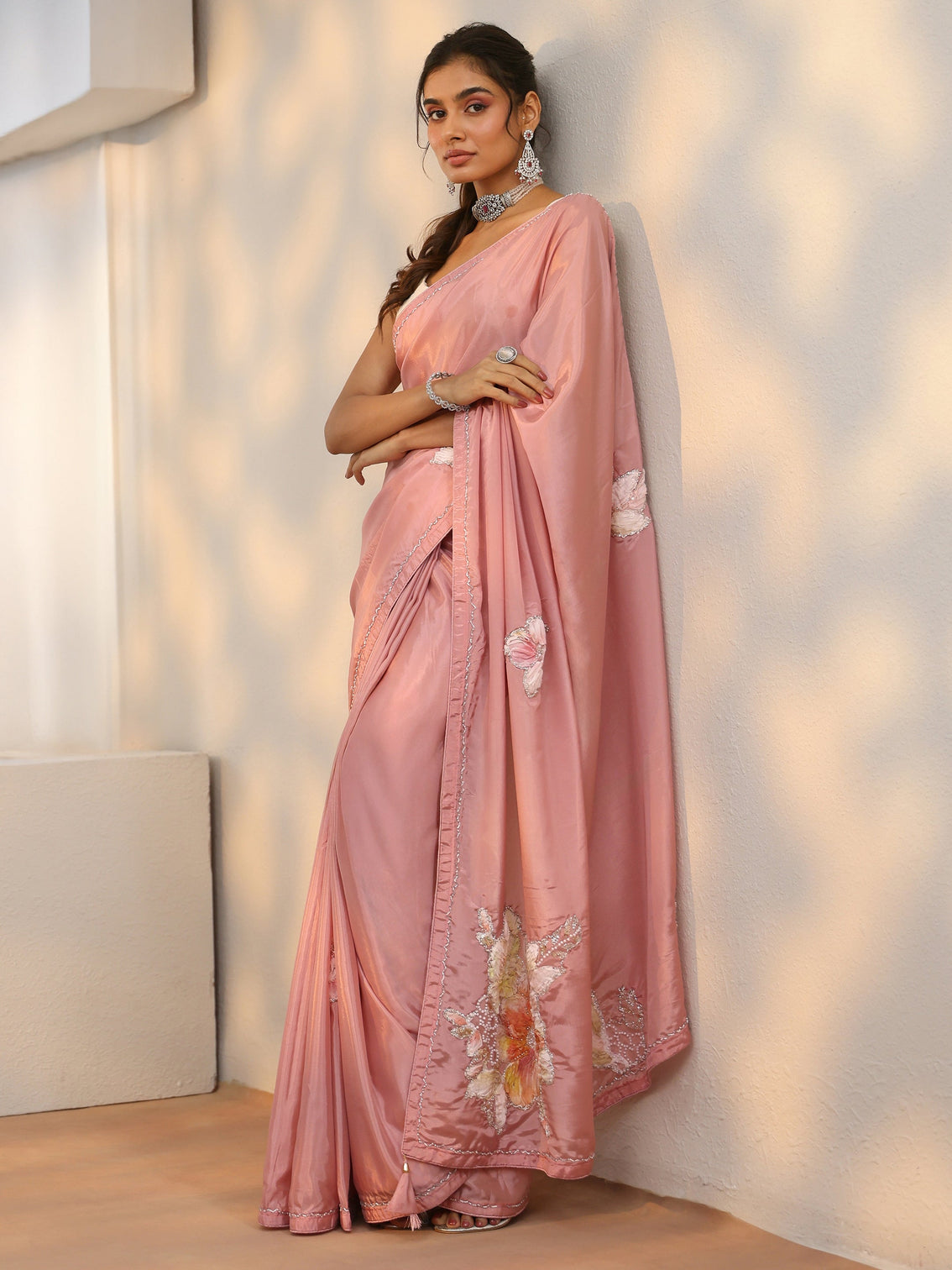 Mameraa Rose Pink Floral Applique Design Satin Saree