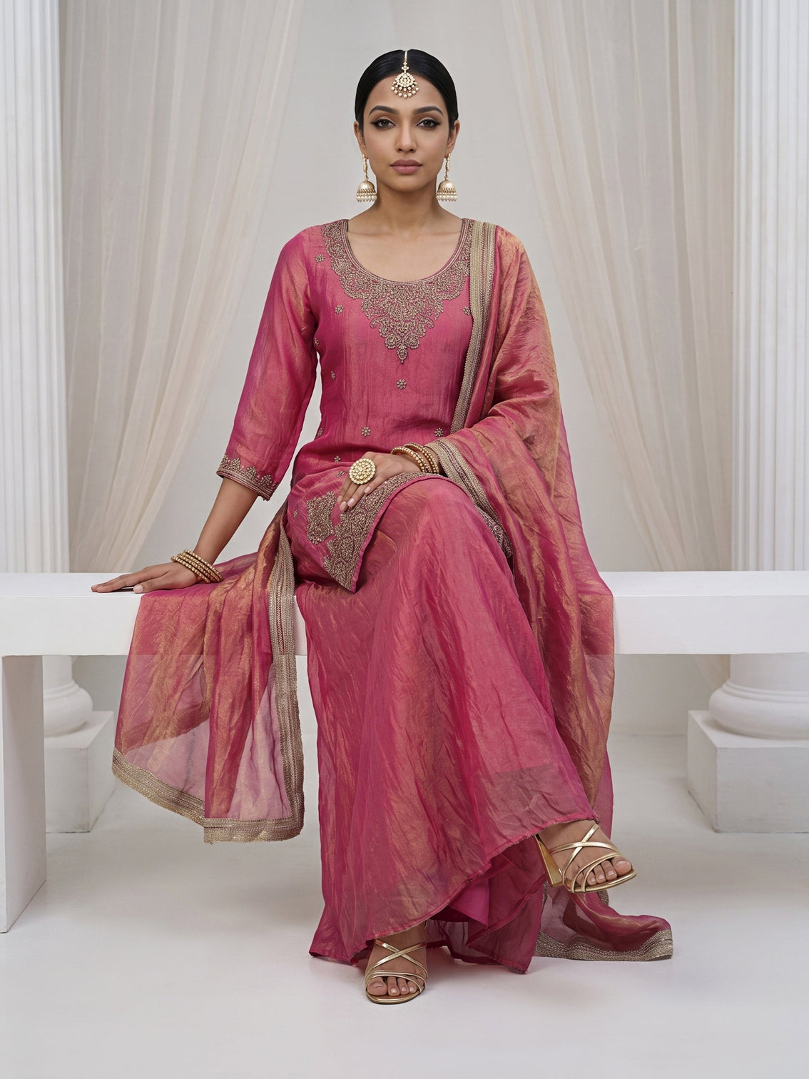 Mameraa Rose Pink Floral Embellished Tissue Palazzo Suit Set