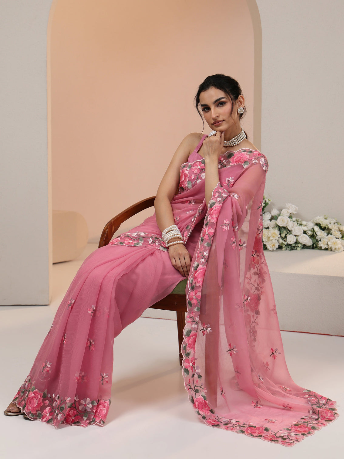 Mameraa Rose Pink Floral Embroidered Chiffon Saree with Scalloped Border