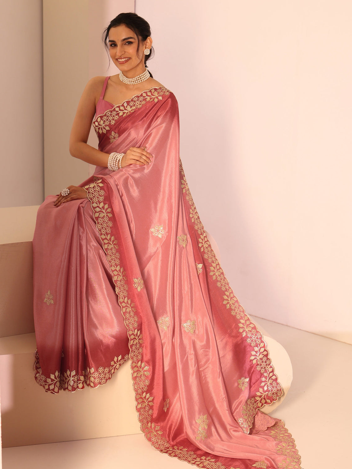 Mameraa Rose Pink Floral Embroidered Ombre Silk Blend Saree