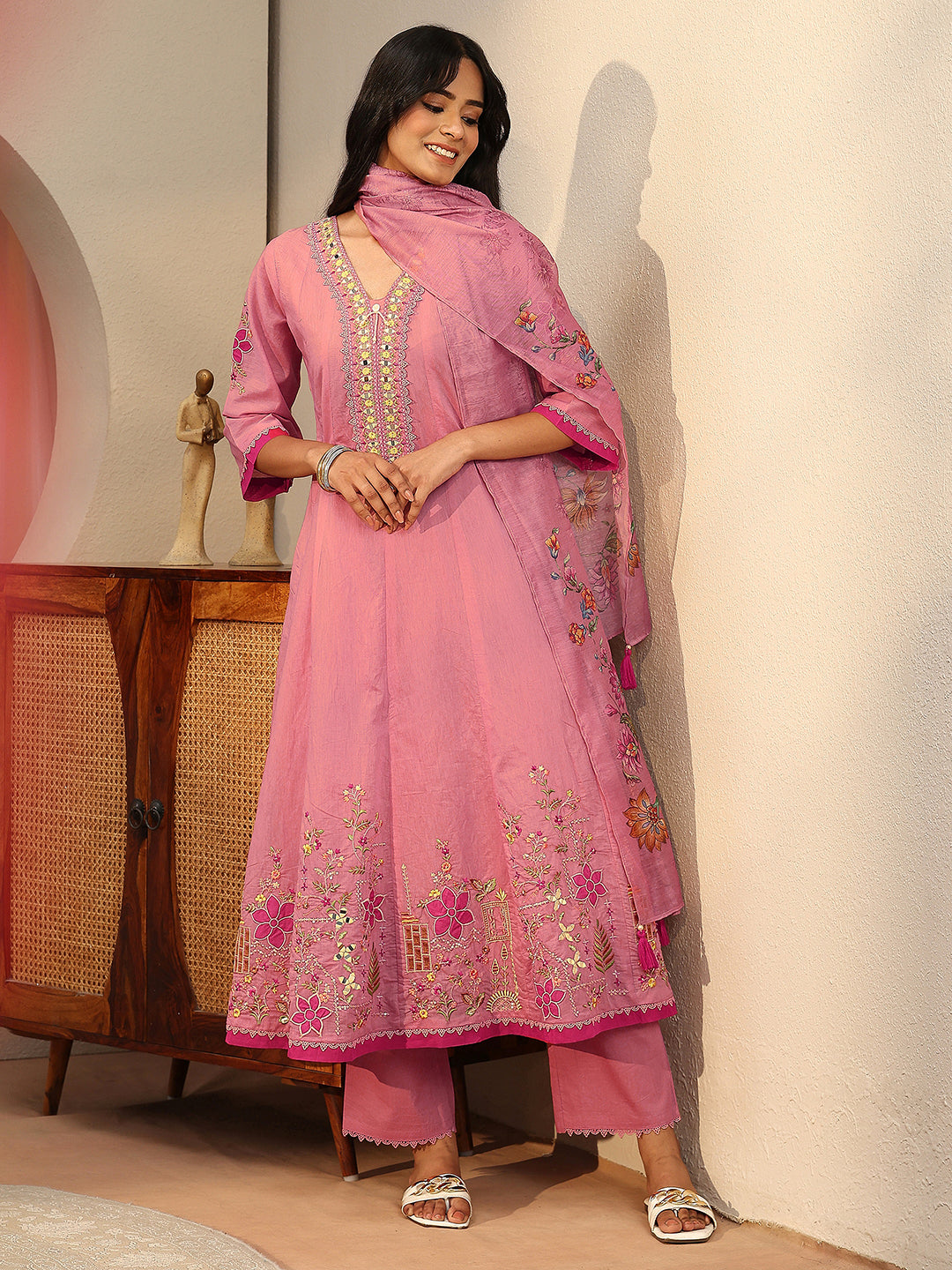 Mameraa Rose Pink Floral Embroidered Silk Blend A-line Suit Set