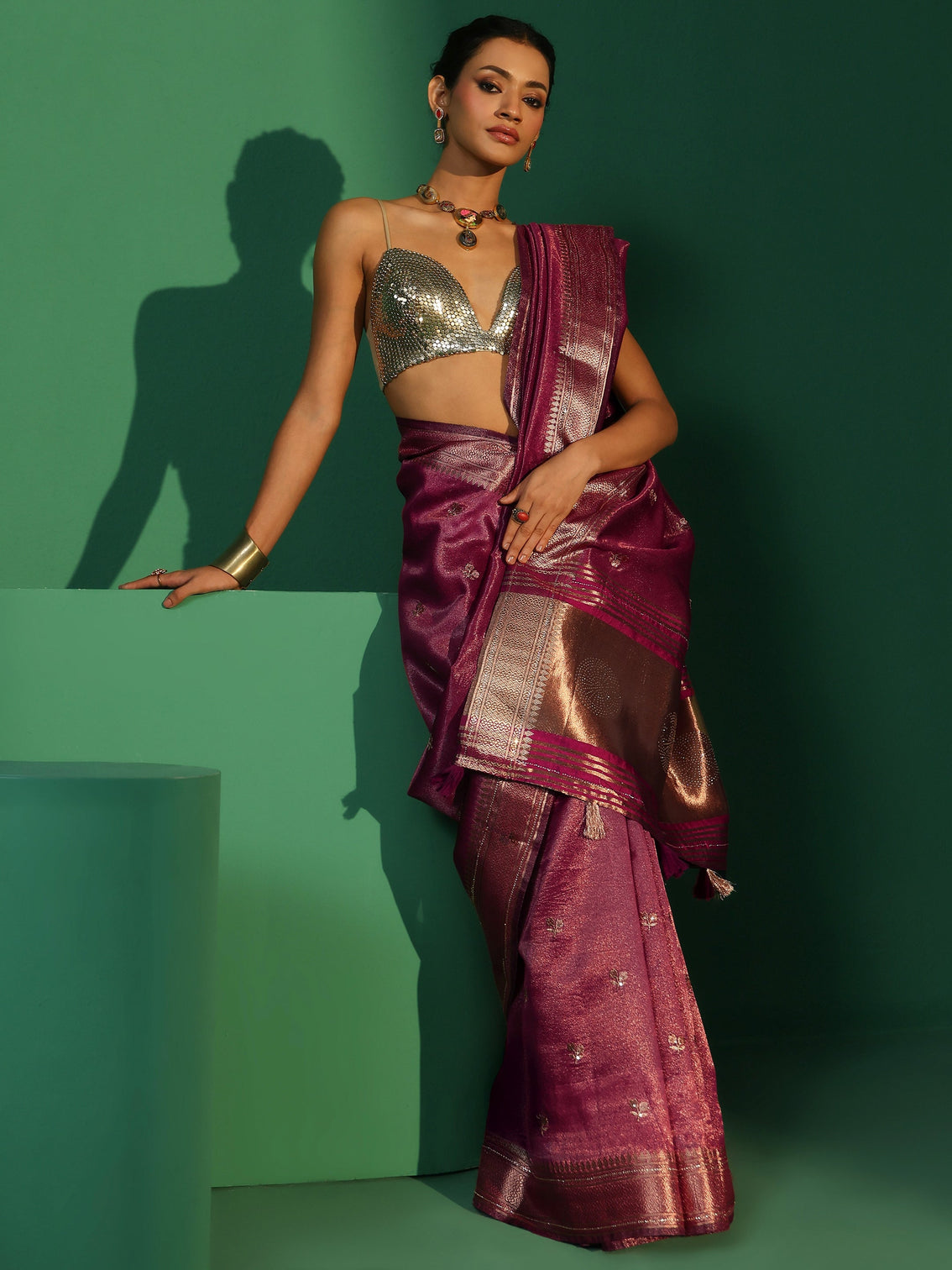 Mameraa Rose Pink Floral Embroidered Tissue Saree