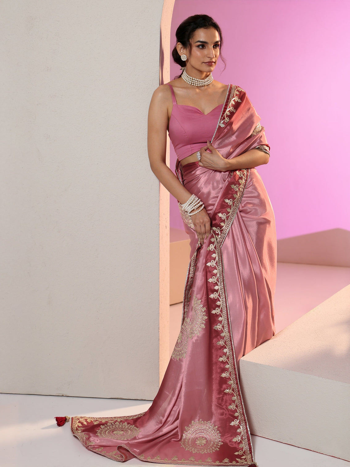 Mameraa Rose Pink Mandala Art Embroidered Ombre Silk Blend Saree