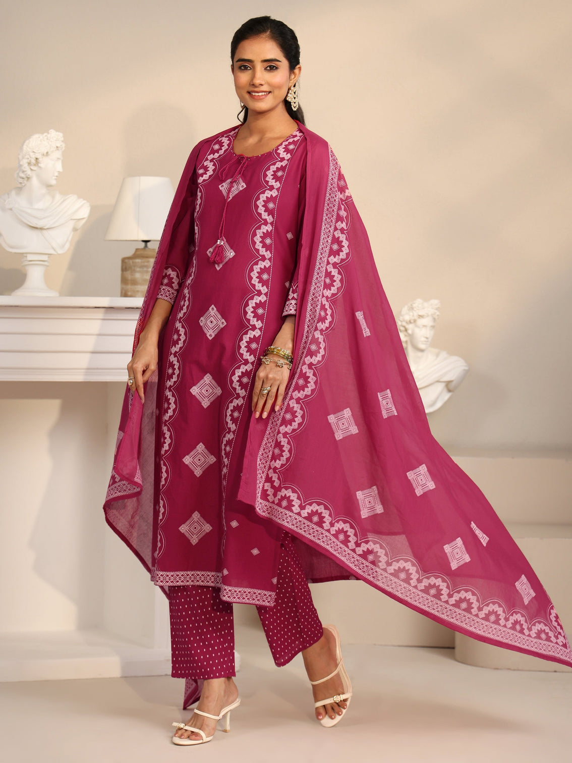 Mameraa Rose Pink Printed Cotton A-line Suit Set
