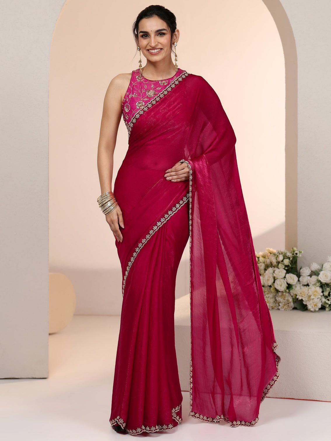 Mameraa Rose Pink Tissue Saree with Stone Work Border