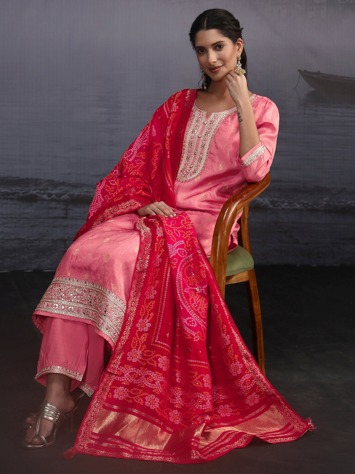 Mameraa Rose Pink Woven Design Silk Blend Straight Suit Set