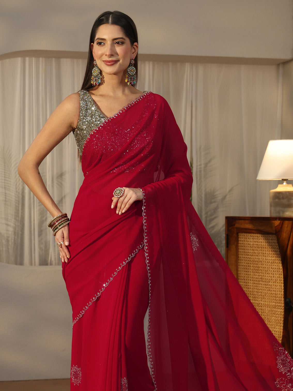 Mameraa Rose Red Floral Embellished Georgette Saree