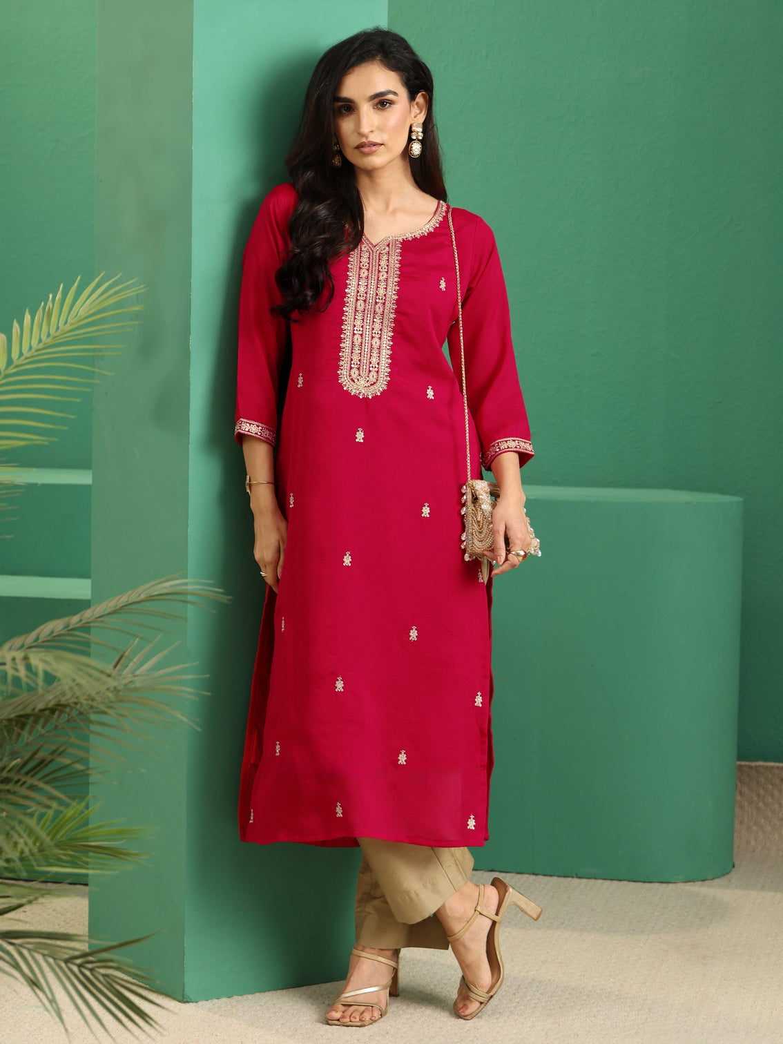 Mameraa Rose Red Yoke Embroidered Silk Blend Straight Kurta