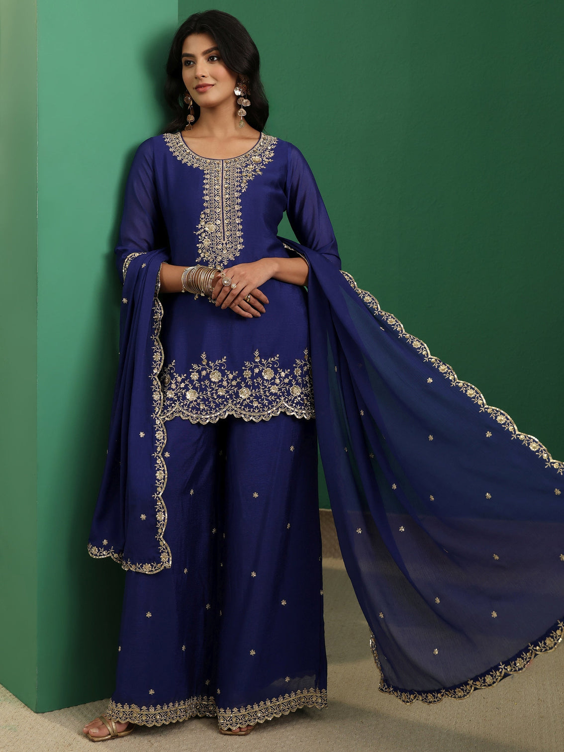 Mameraa Royal Blue Floral Embellished Chinon Palazzo Suit Set