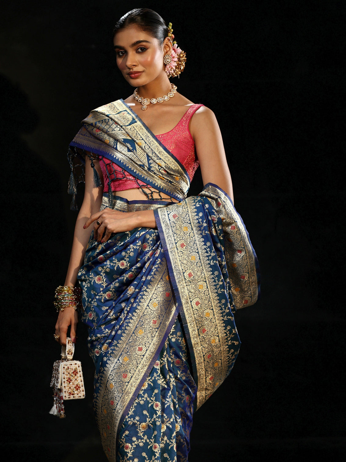 Mameraa Royal Blue Meenakari Banarasi Silk Blend Saree