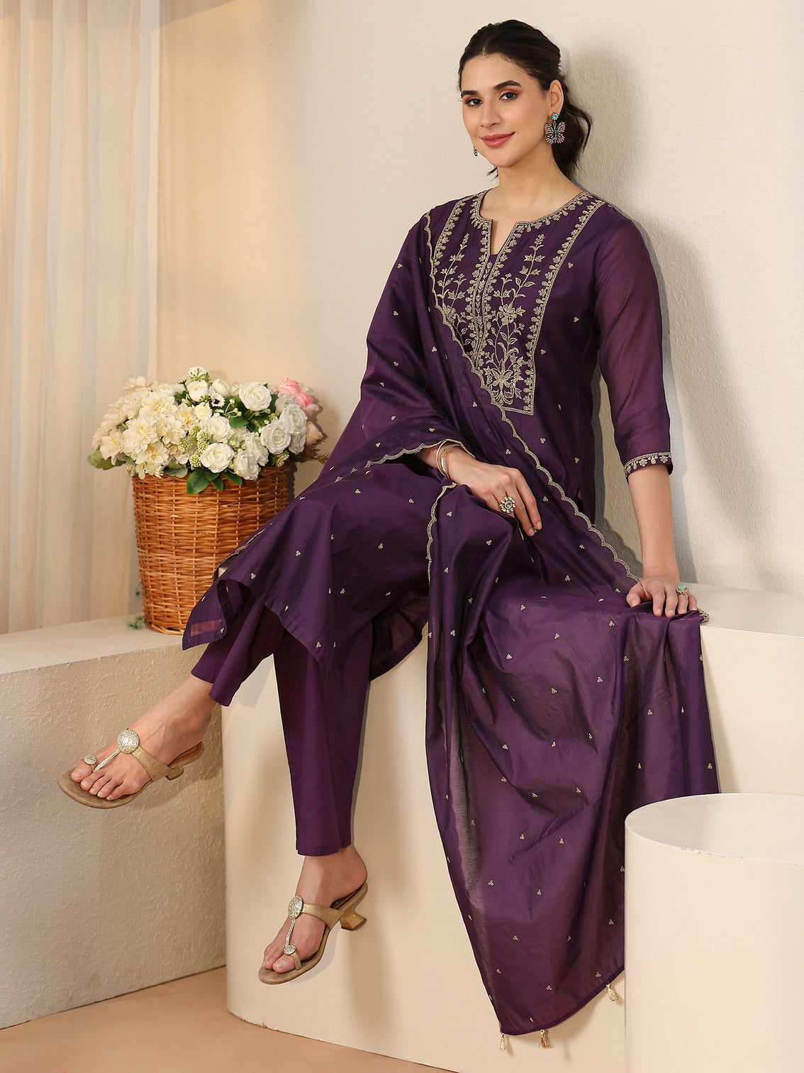Mameraa Royal Purple Floral Embellished Chanderi Silk Straight Suit Set