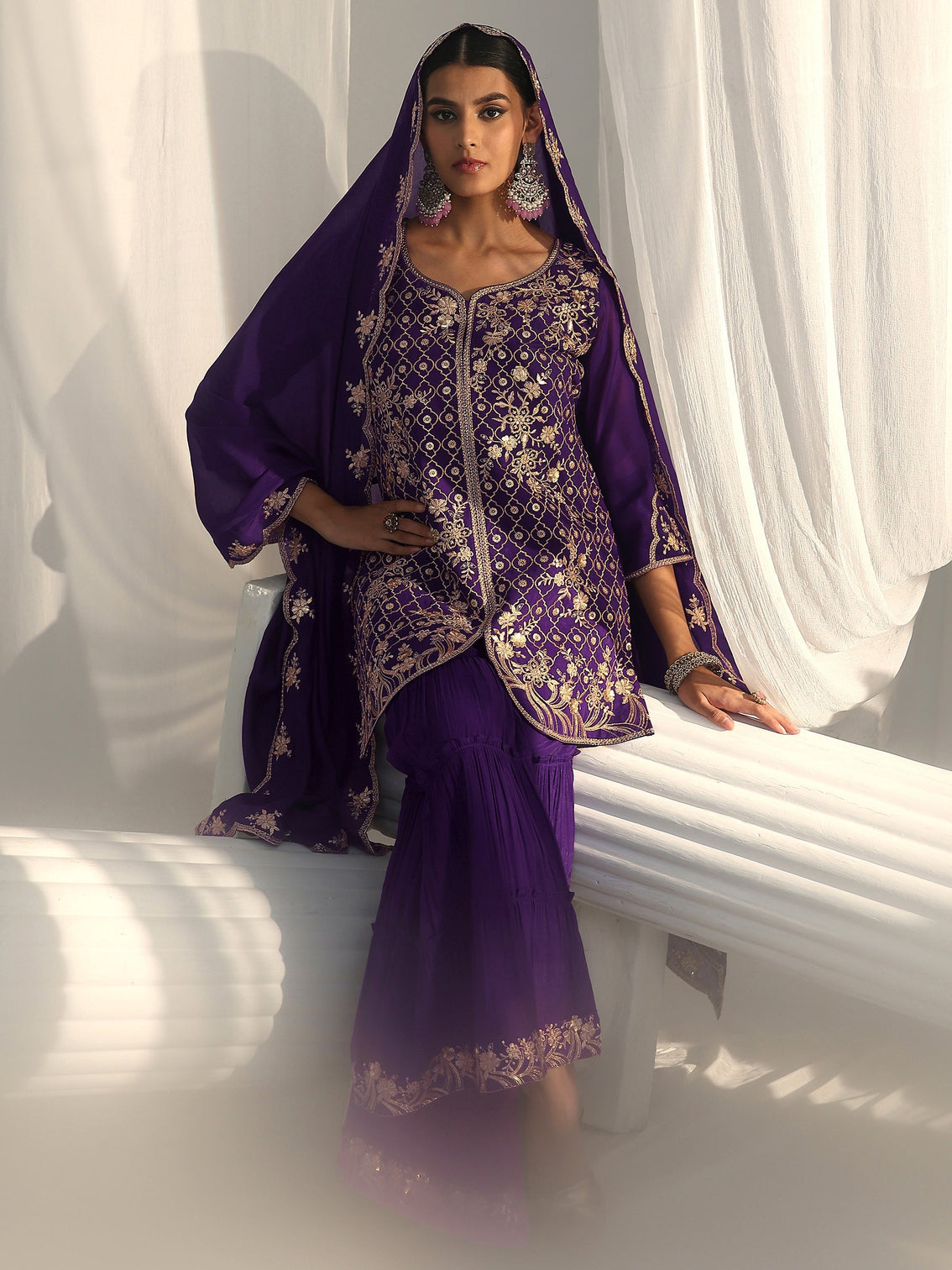 Mameraa Royal Purple Floral Embroidered Chanderi Cotton Sharara Suit Set