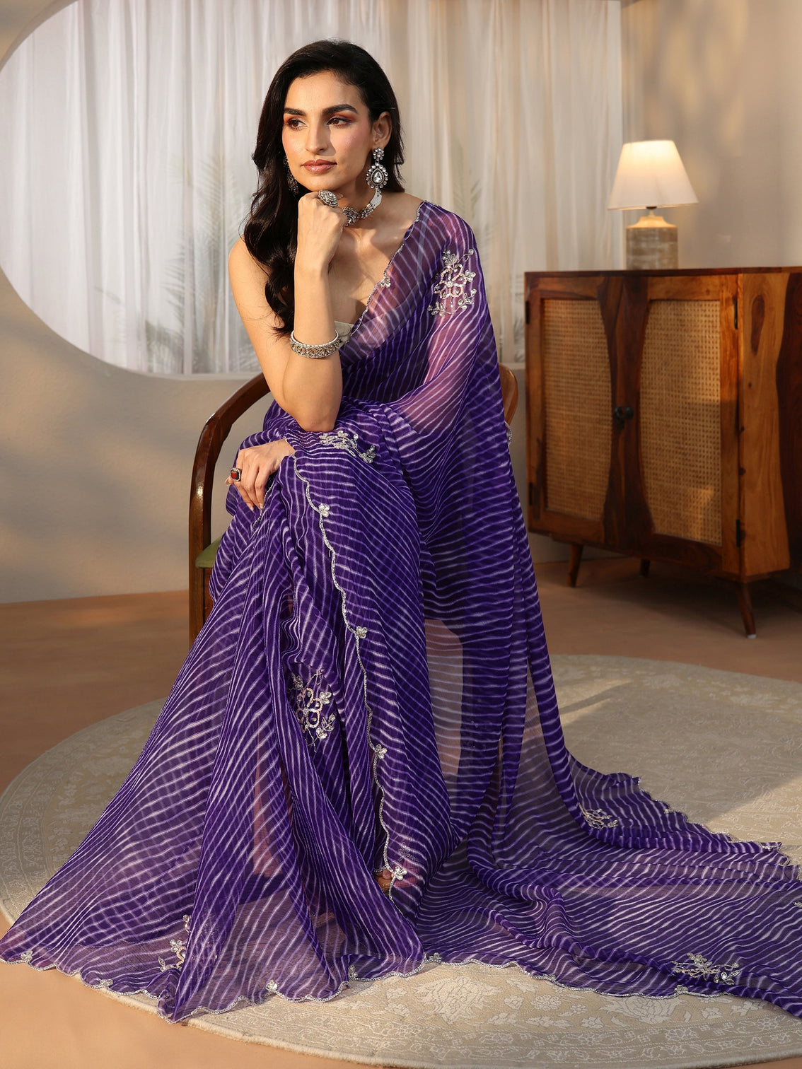 Mameraa Royal Purple Leheriya Printed Chiffon Saree