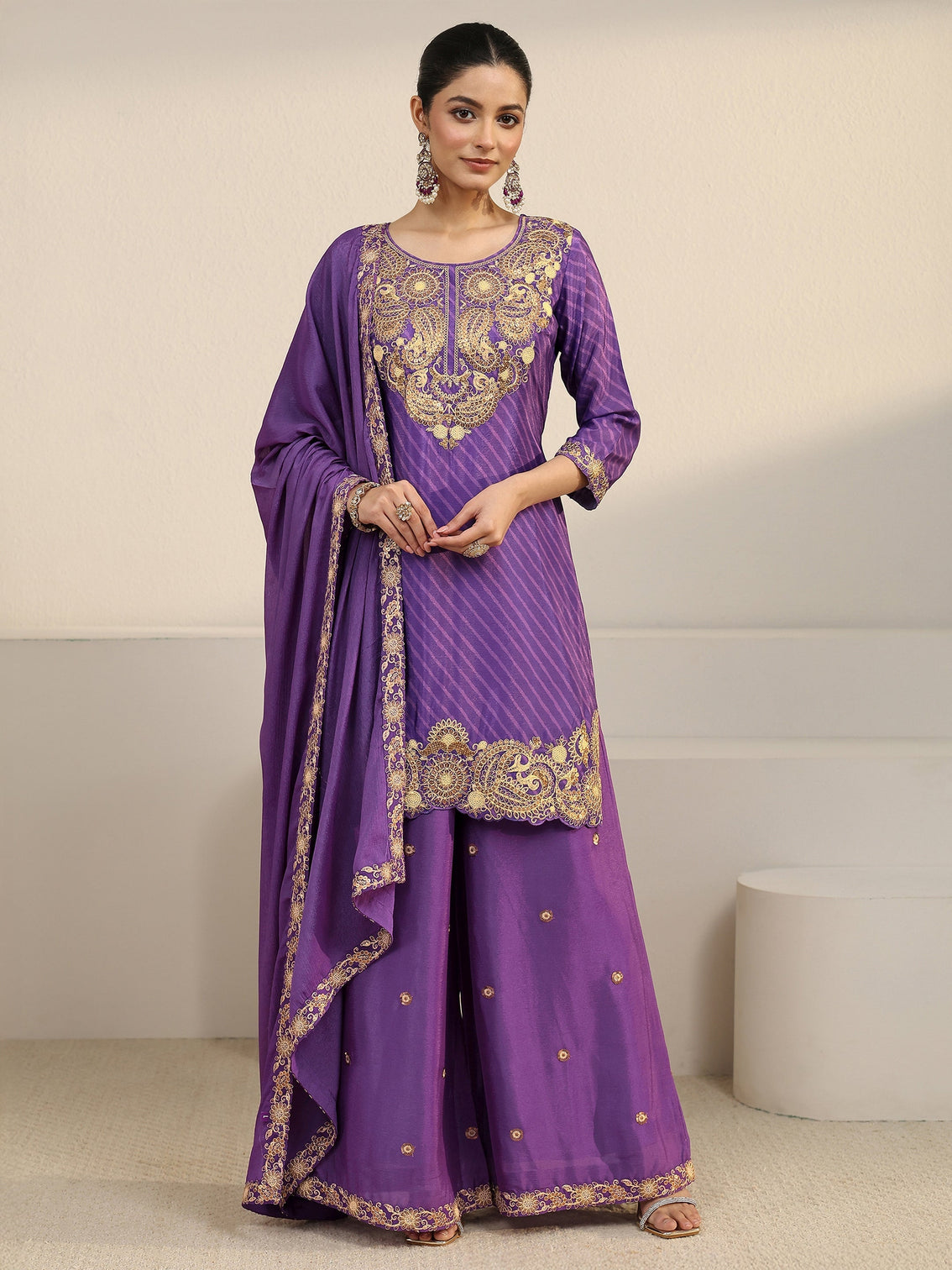 Mameraa Royal Purple Leheriya Yoke Embroidered Chinon Palazzo Suit Set