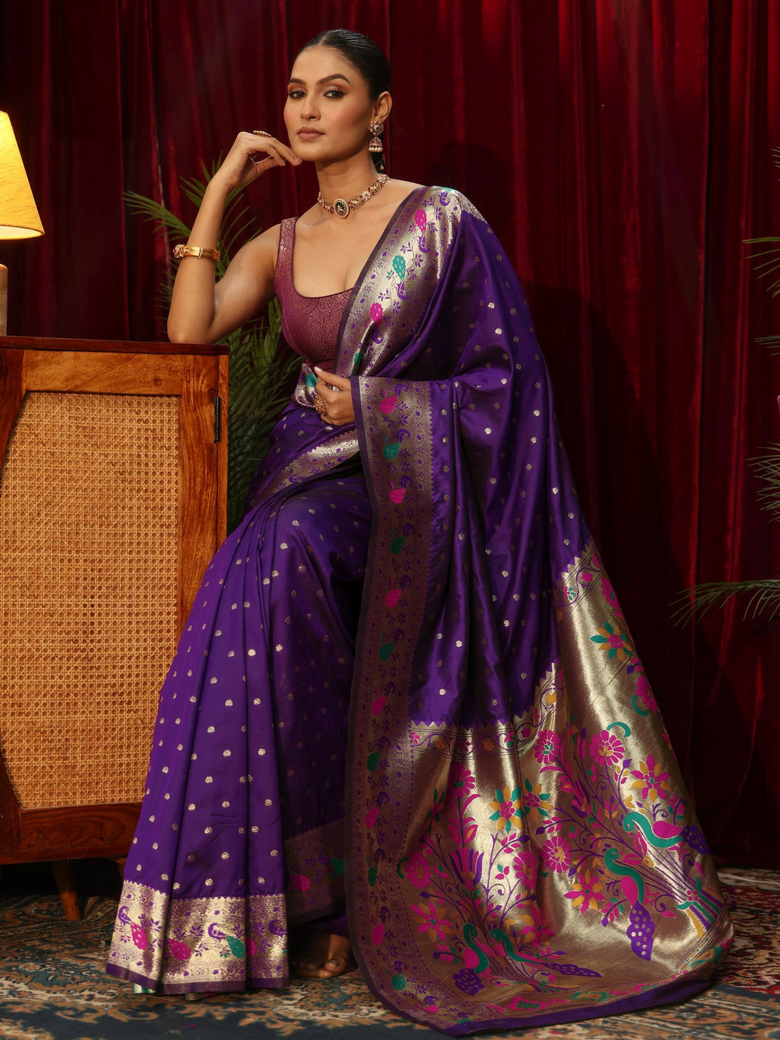 Mameraa Royal Purple Silk Blend Paithani Saree