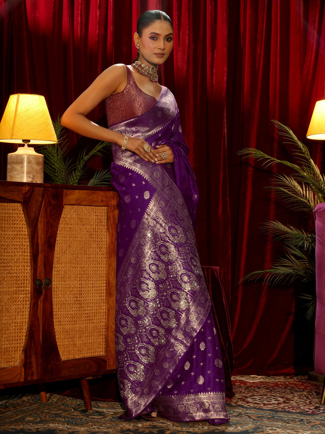 Mameraa Royal Purple Woven Design Silk Blend Saree