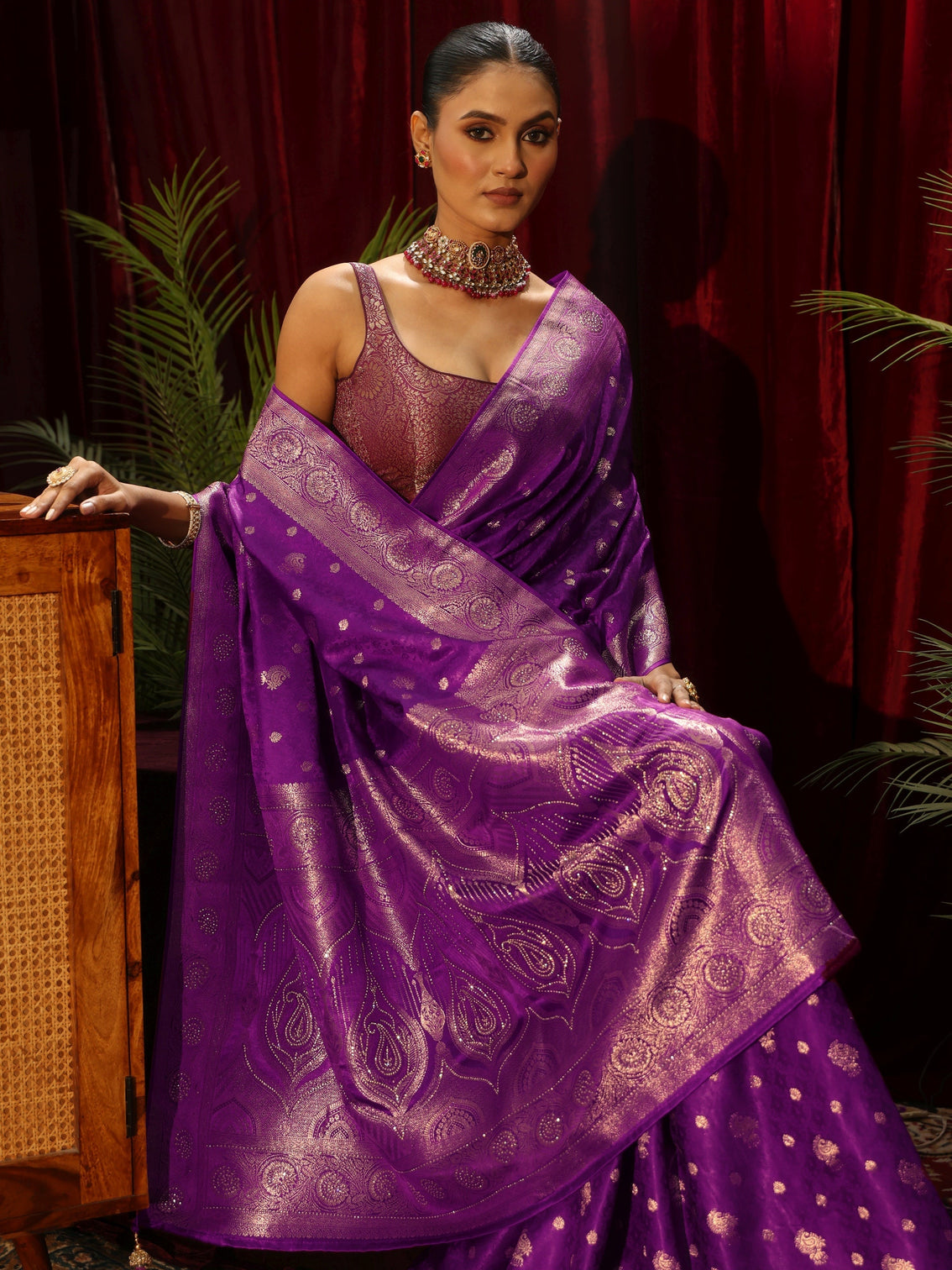 Mameraa Royal Purple Woven Design Silk Blend Saree