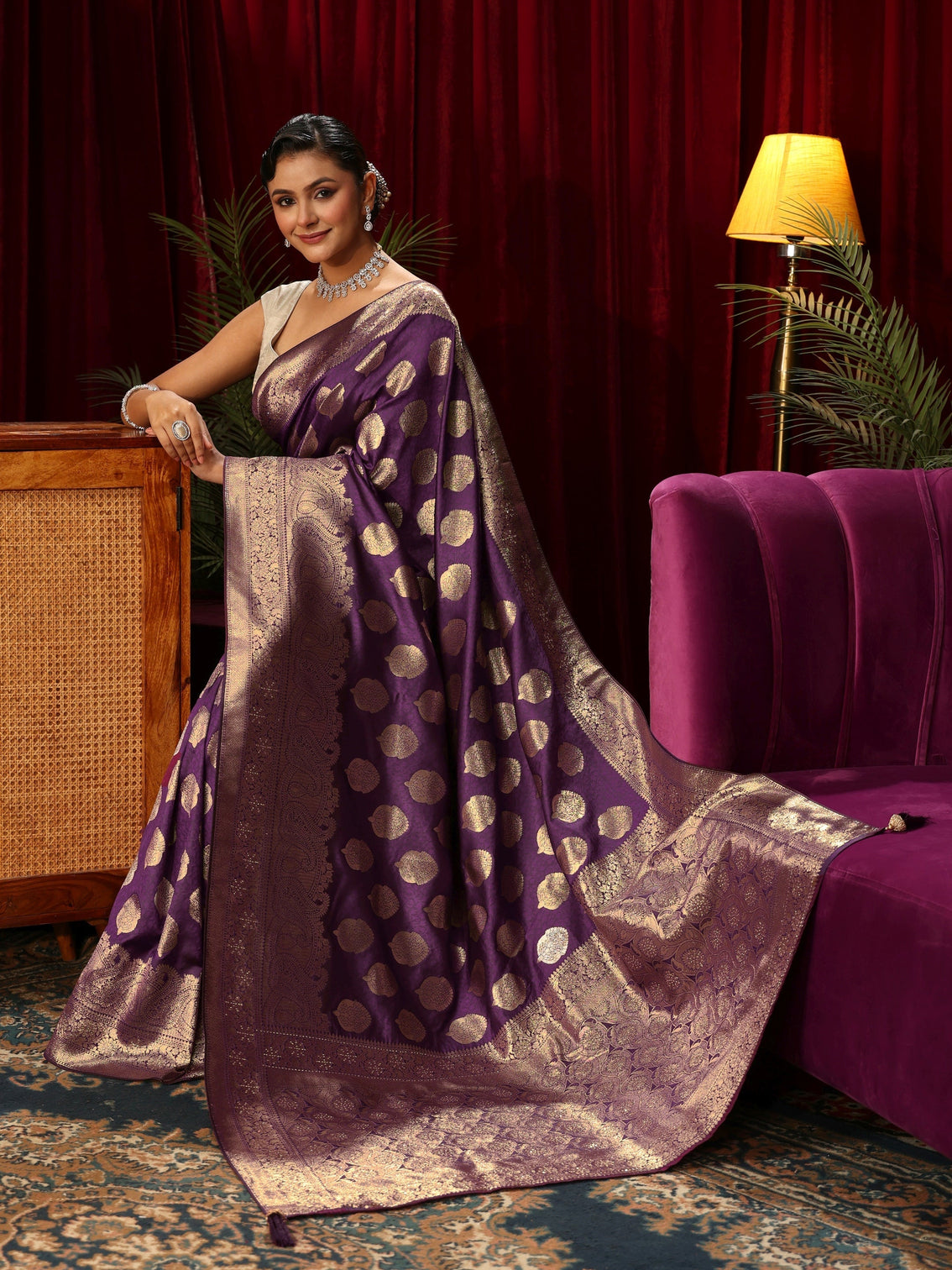Mameraa Royal Purple Woven Design Silk Blend Saree