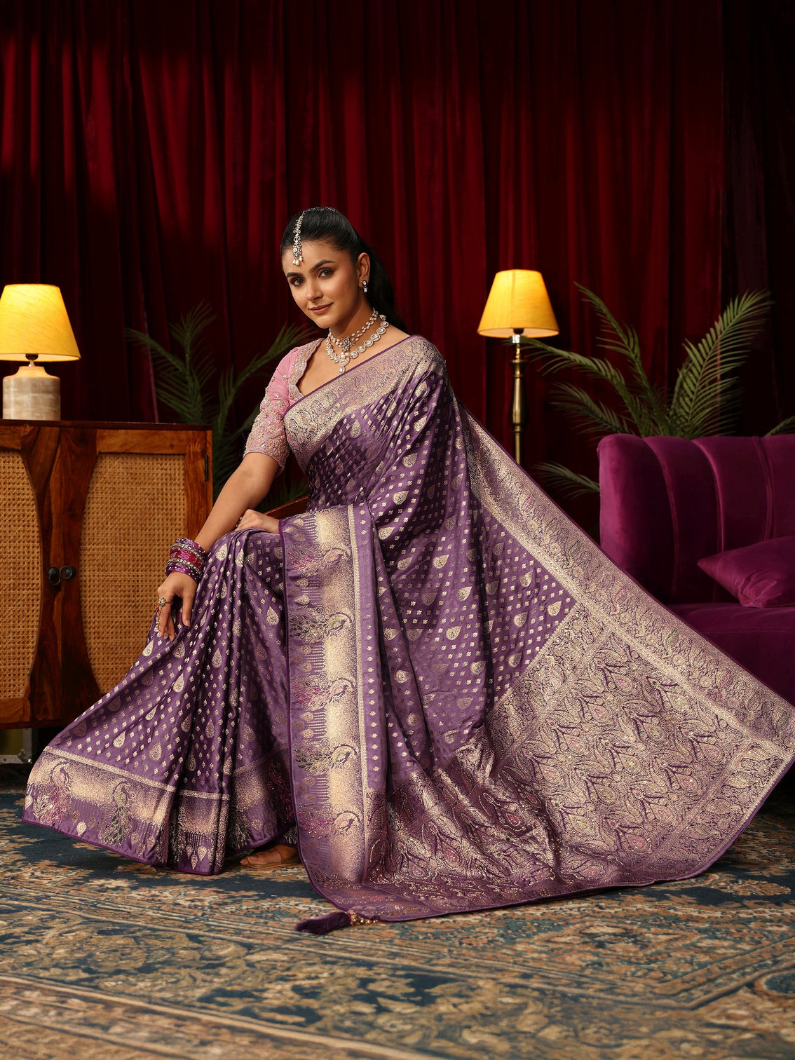 Mameraa Royal Purple Woven Design Silk Blend Saree with Stone Work