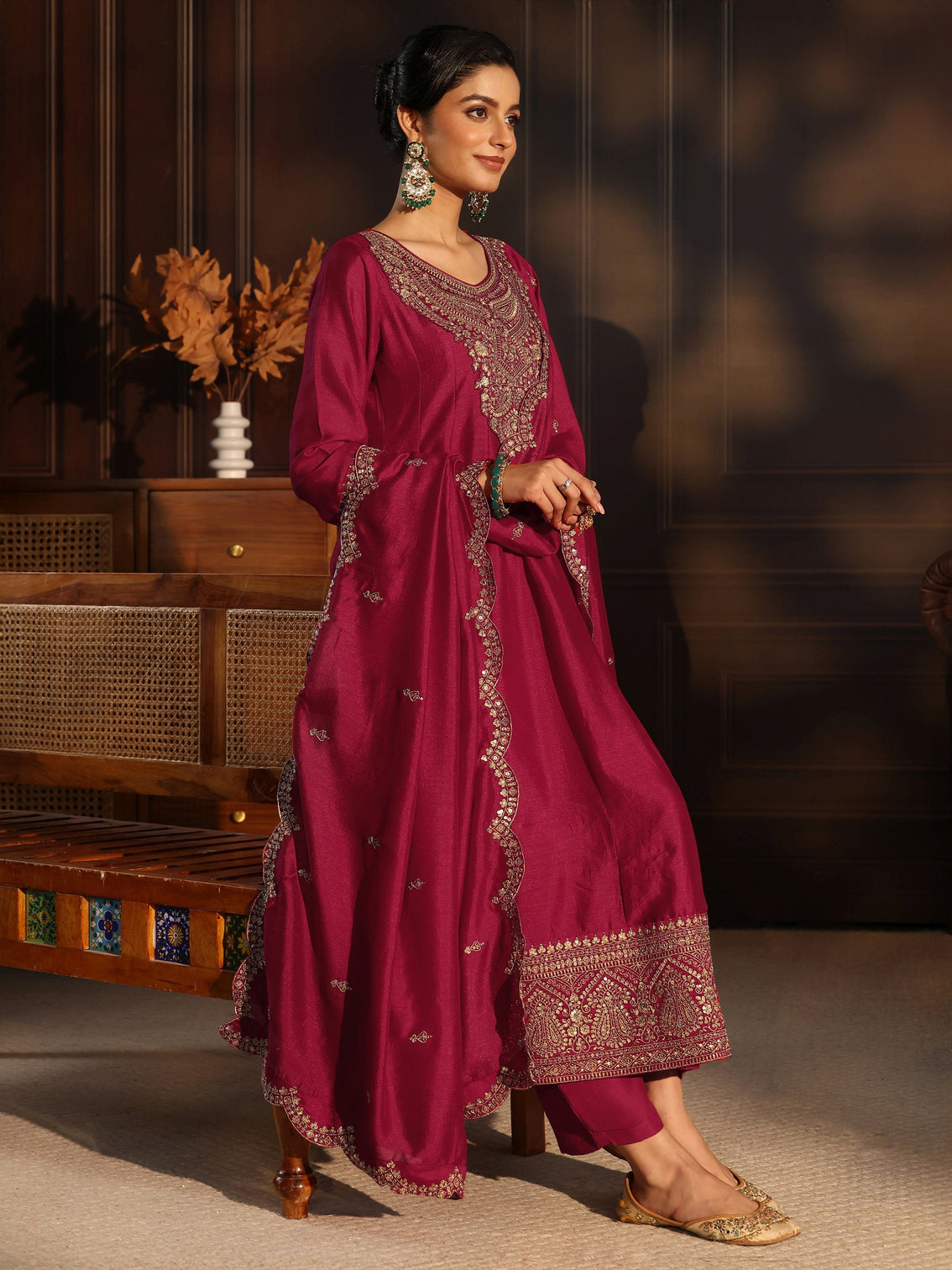 Mameraa Ruby Red Embroidered Silk Blend Anarkali Suit Set