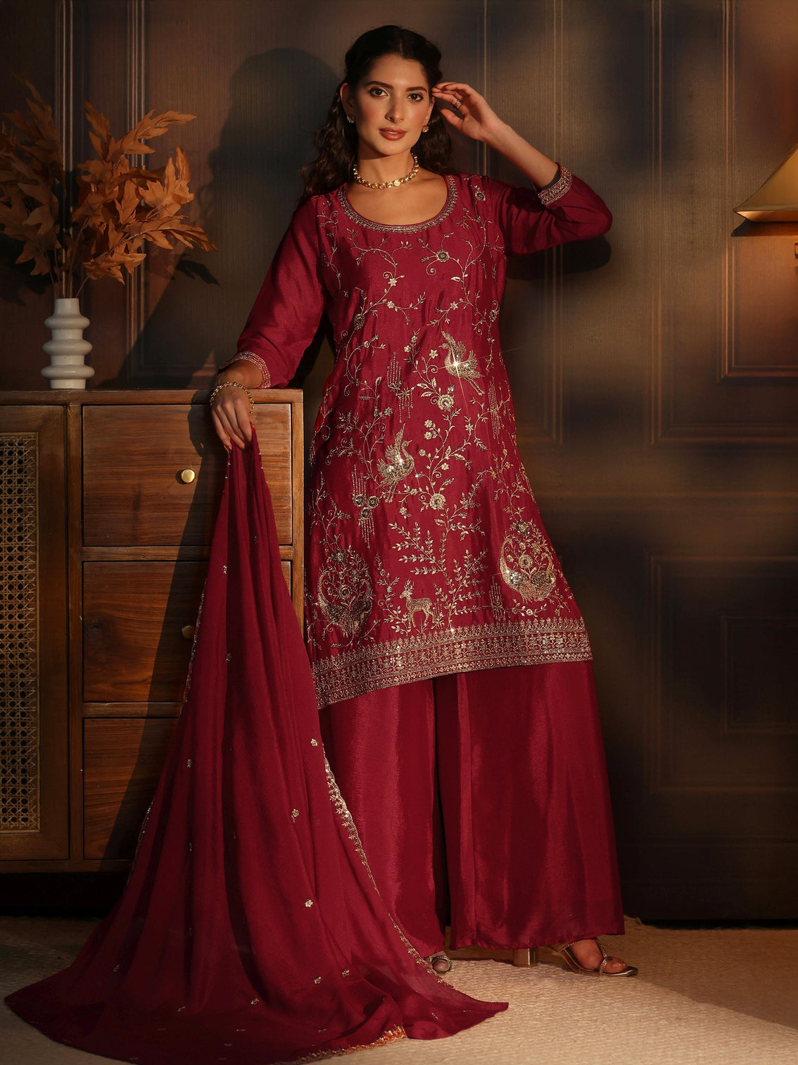 Mameraa Ruby Red Floral Embroidered Chinon Palazzo Suit Set