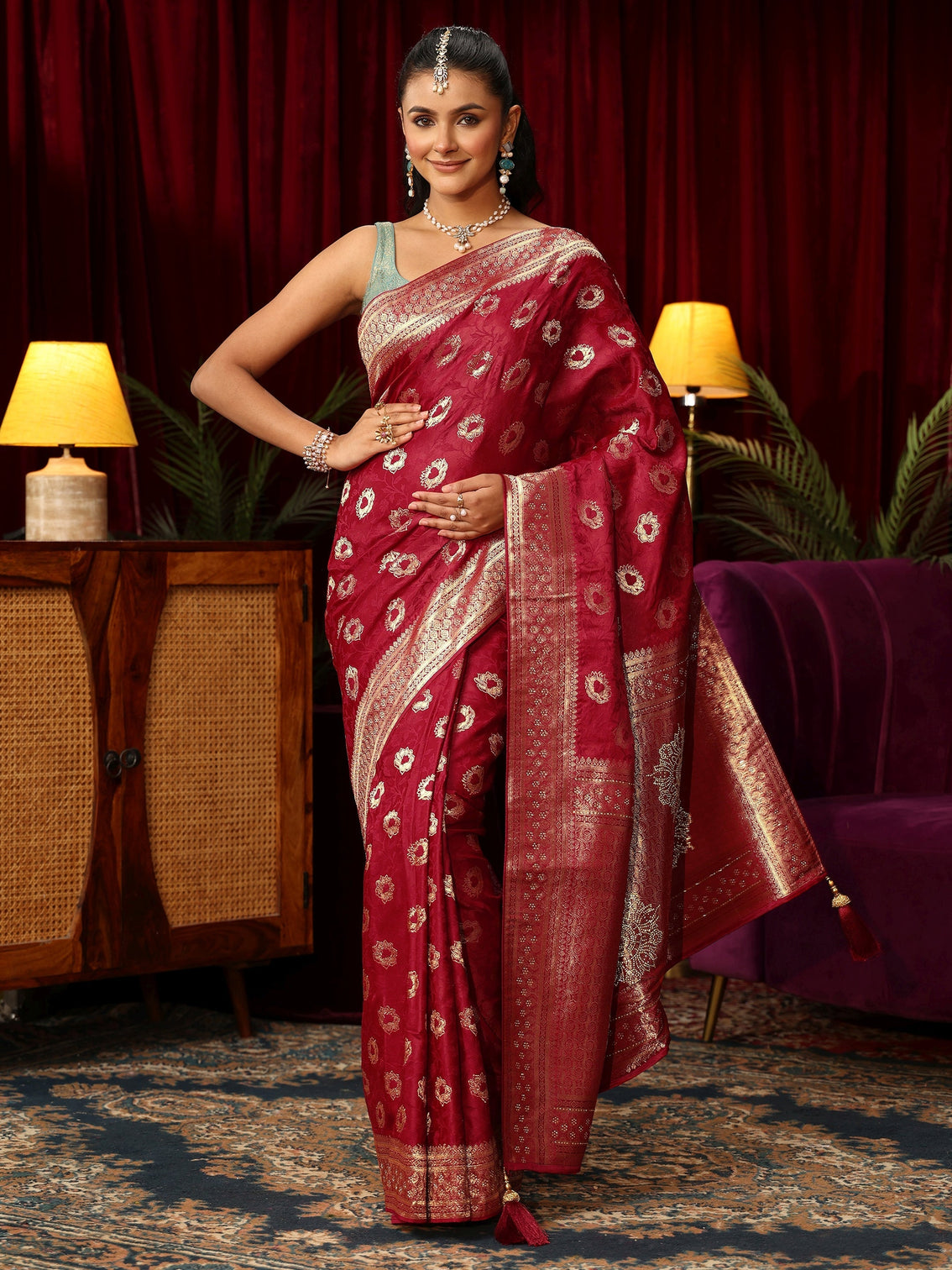 Mameraa Ruby Red Floral Woven Design Satin Saree with Stone Work