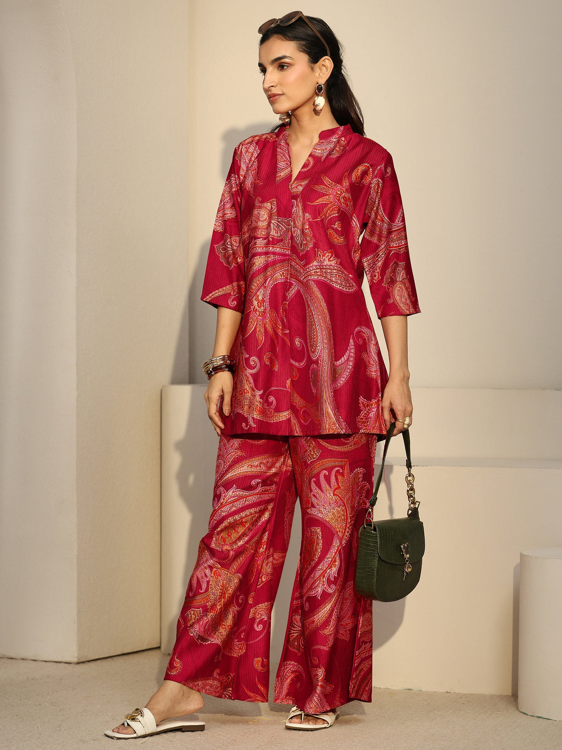 Mameraa Ruby Red Paisley Printed Silk Blend Co-Ord Set