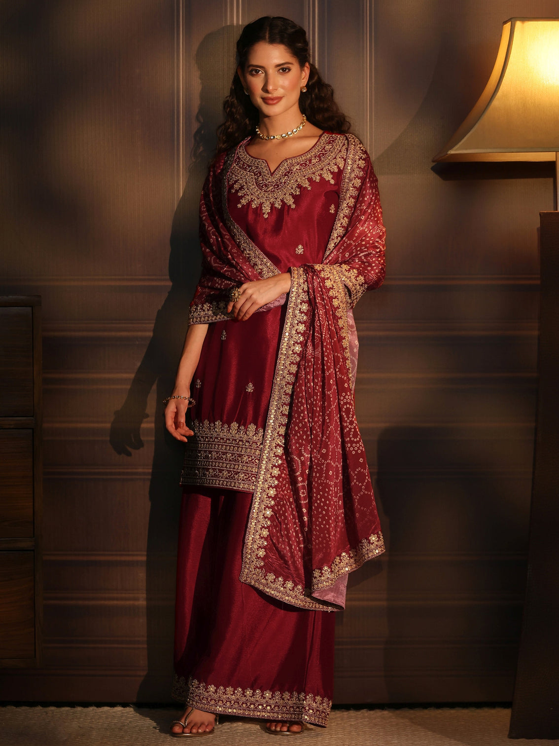 Mameraa Ruby Red Sequin Embellished Chinon Palazzo Suit Set