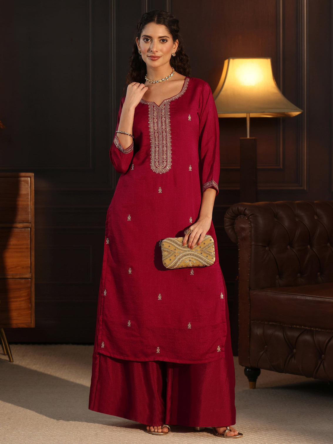 Mameraa Ruby Red Yoke Embroidered Silk Blend Straight Kurta