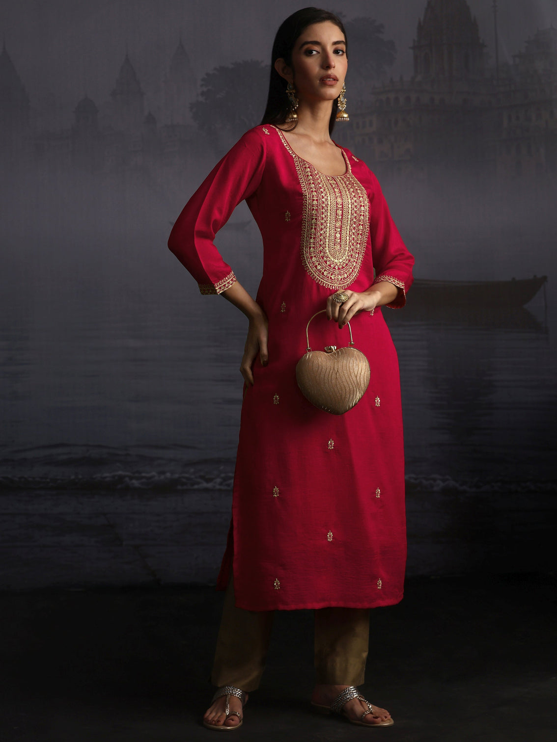 Mameraa Ruby Red Yoke Embroidered Silk Blend Straight Kurta