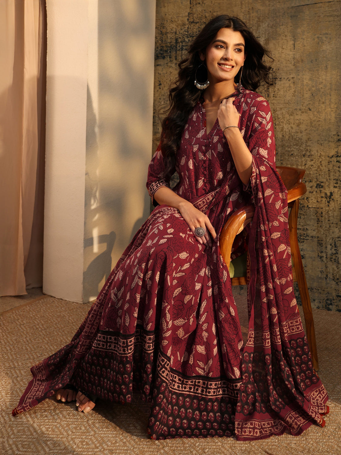 Mameraa Rust Ajrakh Printed Cotton Anarkali Suit Set