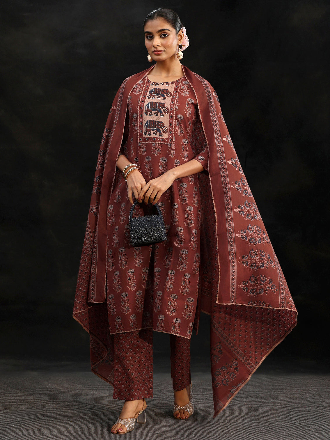 Mameraa Rust Brown Ajrakh-Inspired Cotton Straight Suit Set