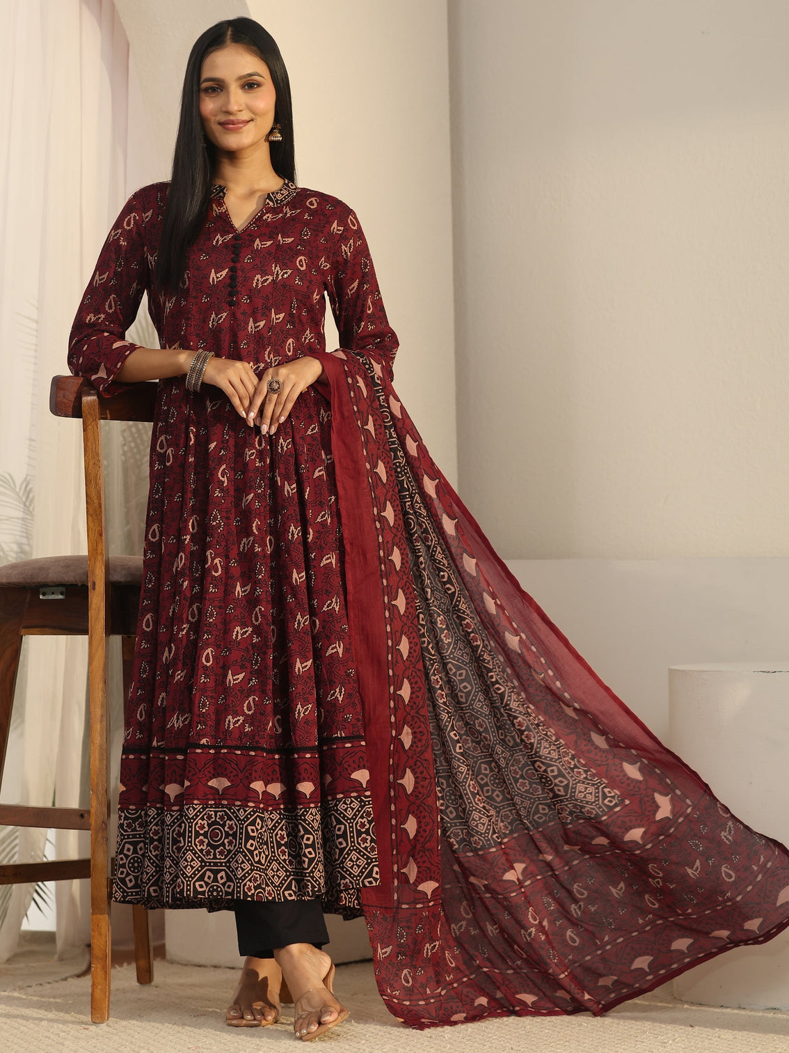 Mameraa Rust Brown Ajrakh Printed Cotton Anarkali Suit Set