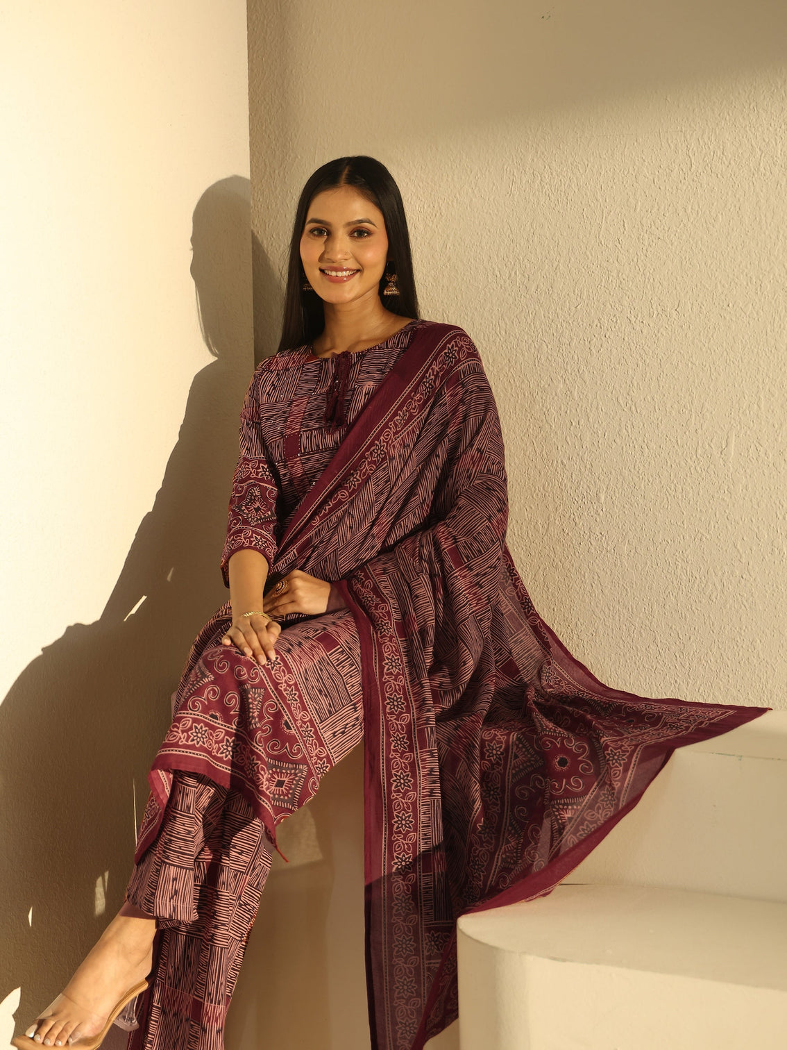 Mameraa Rust Brown Ajrakh Printed Cotton Straight Suit Set
