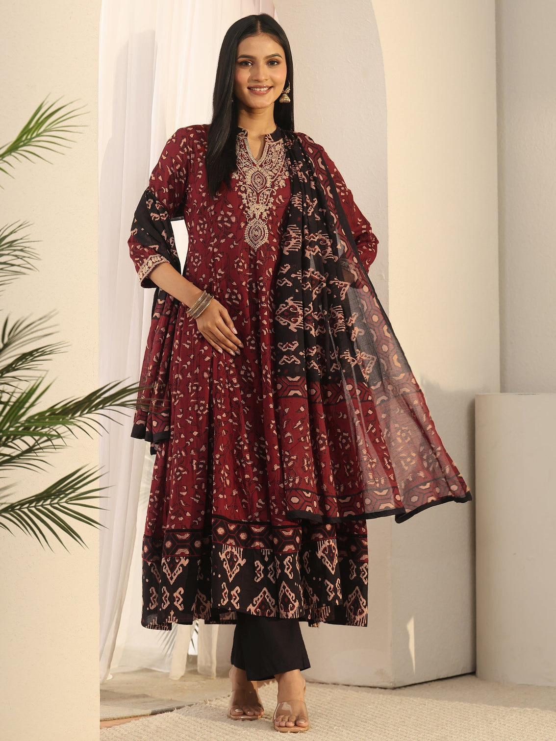 Mameraa Rust Brown Ajrakh Yoke Embroidered Cotton Anarkali Suit Set