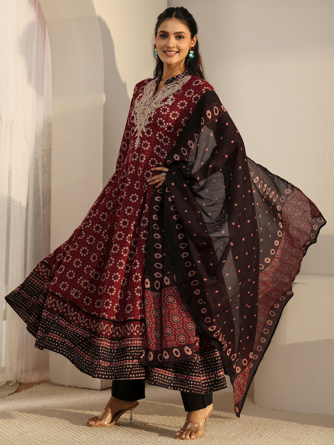 Mameraa Rust Brown Ajrakh Yoke Embroidered Cotton Anarkali Suit Set