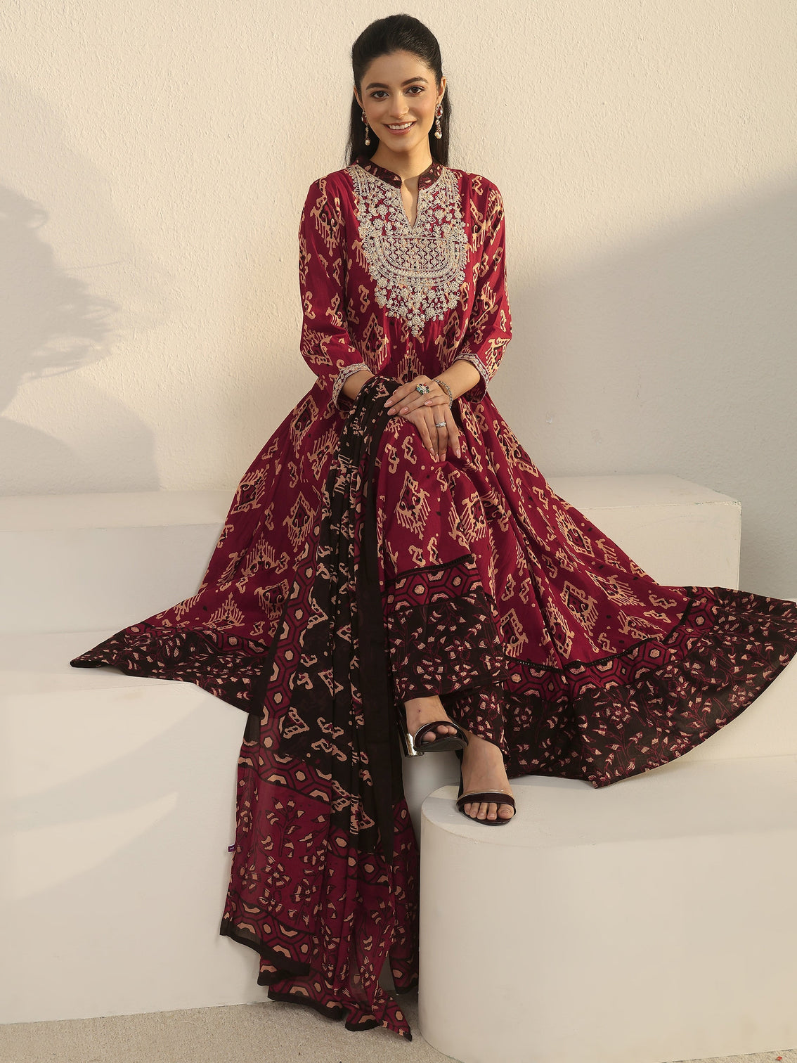 Mameraa Rust Brown Ajrakh Yoke Embroidered Cotton Anarkali Suit Set