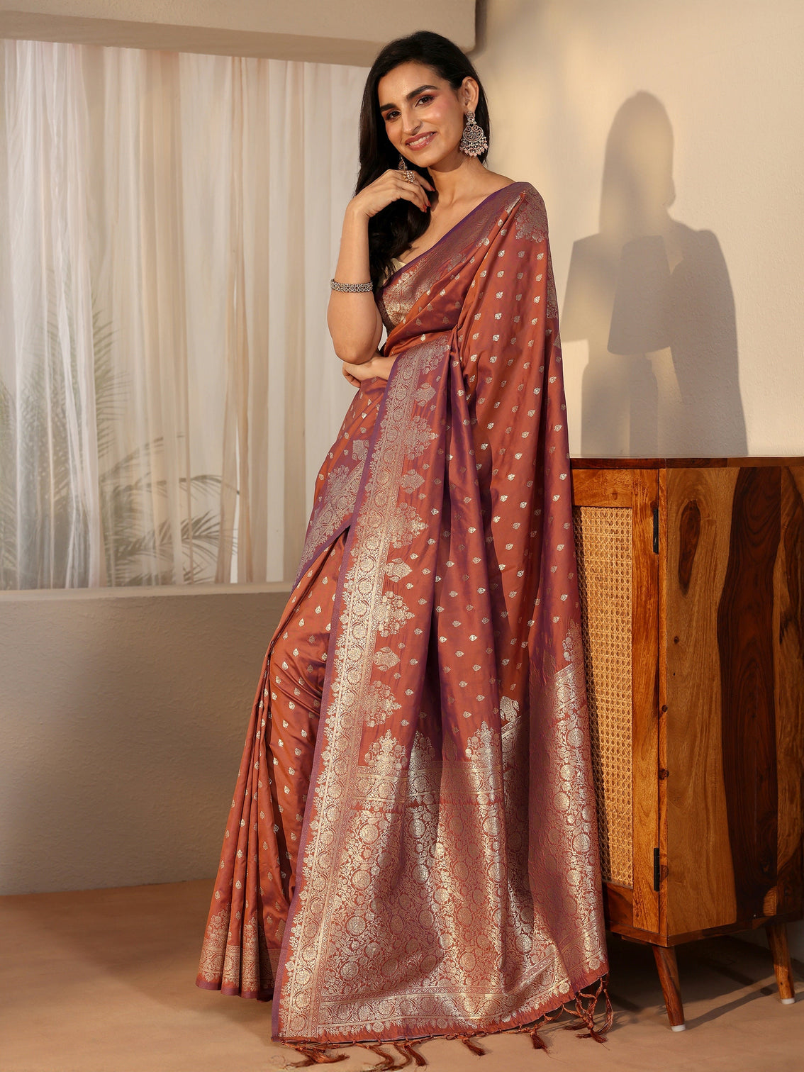 Mameraa Rust Brown Banarasi Silk Blend Saree
