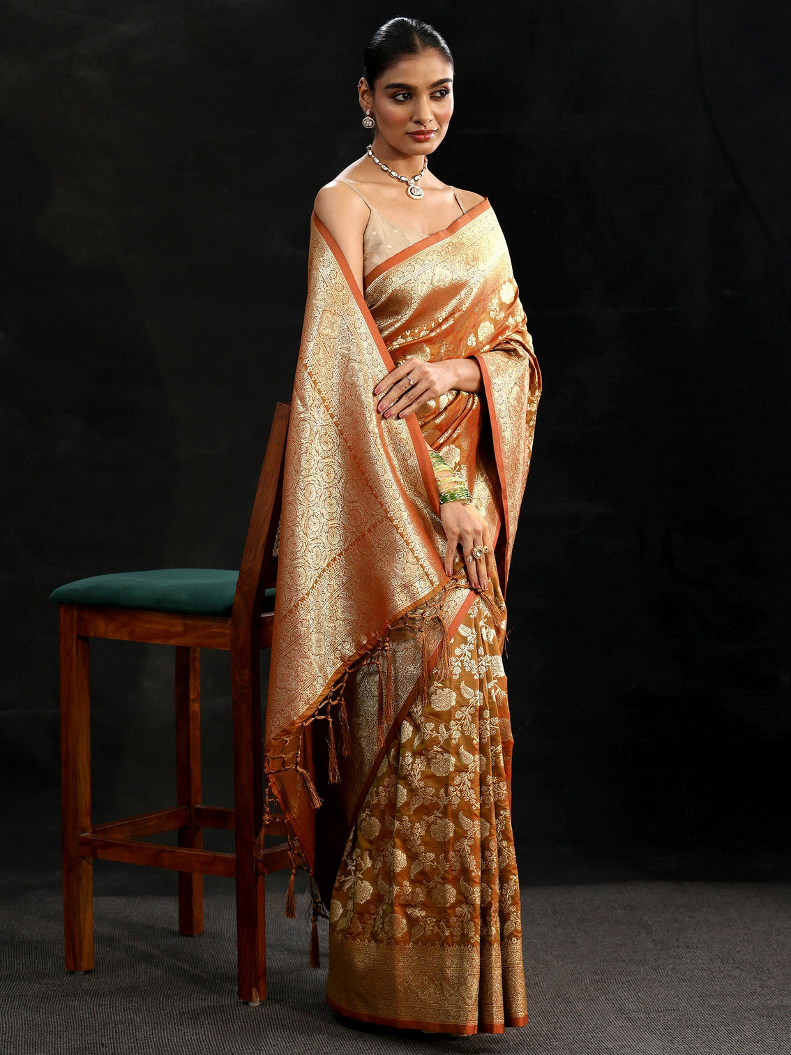 Mameraa Rust Brown Banarasi Silk Blend Saree