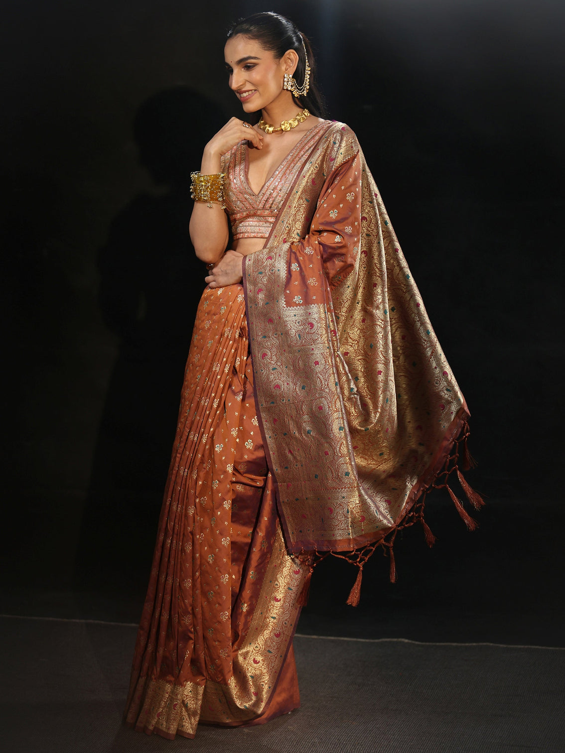 Mameraa Rust Brown Banarasi Silk Blend Saree
