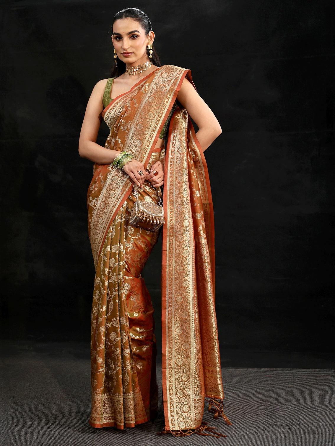 Mameraa Rust Brown Banarasi Silk Blend Saree