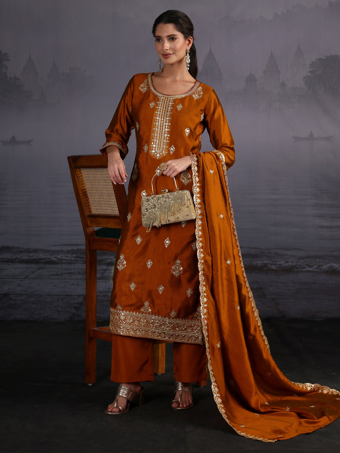 Mameraa Rust Brown Embroidered Silk Blend Straight Suit Set