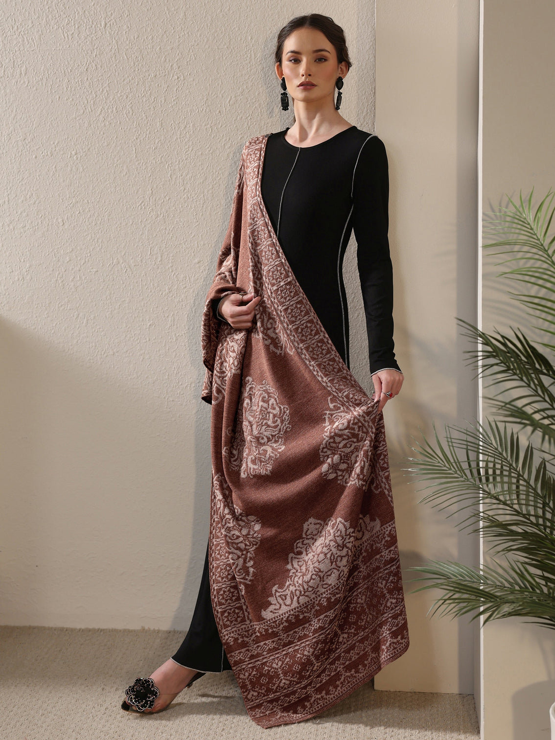 Mameraa Rust Brown Ethnic Embroidered Acrylic Wrap Shawl